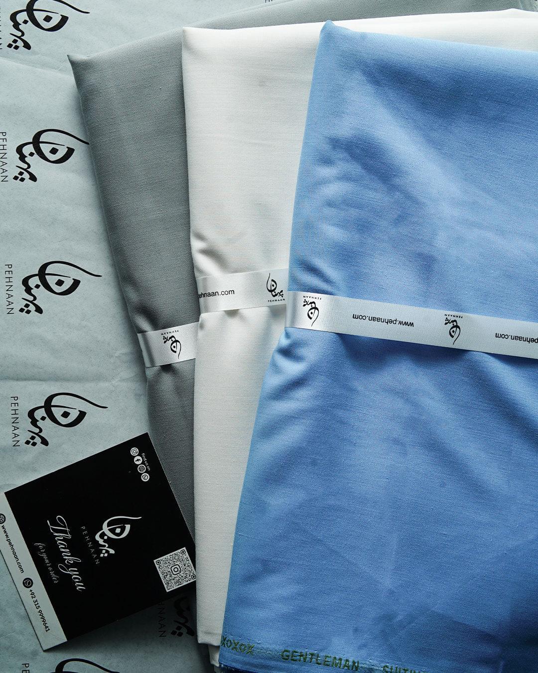 Pehnaan Premium Wash n Wear – Pack of 3 Suits (Sky Blue, White & Pearl Grey) - Pehnaan