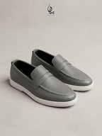 Men's Textured Grey Leather Penny Loafers with Contrasting White Sole