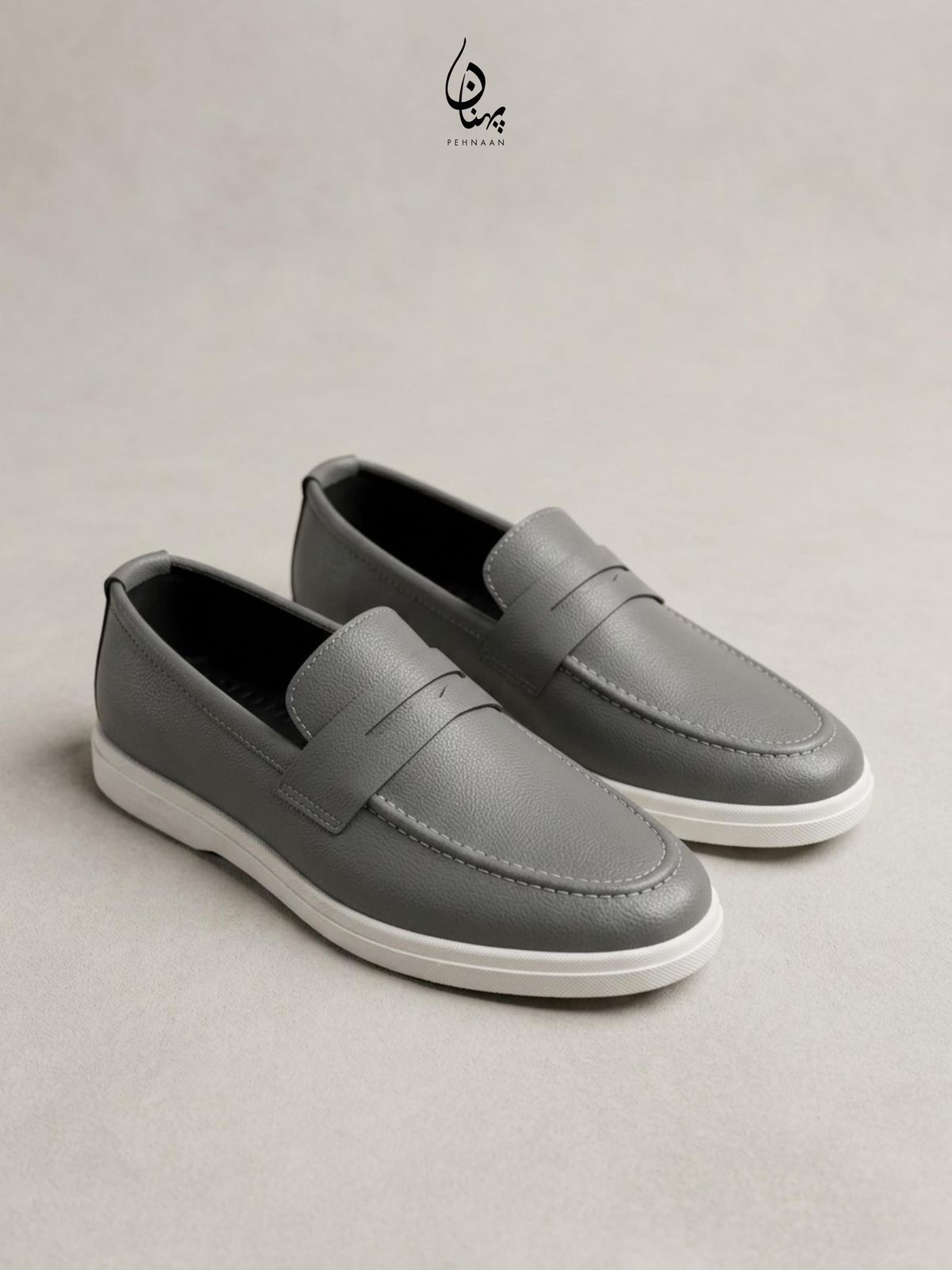 Men's Textured Grey Leather Penny Loafers with Contrasting White Sole