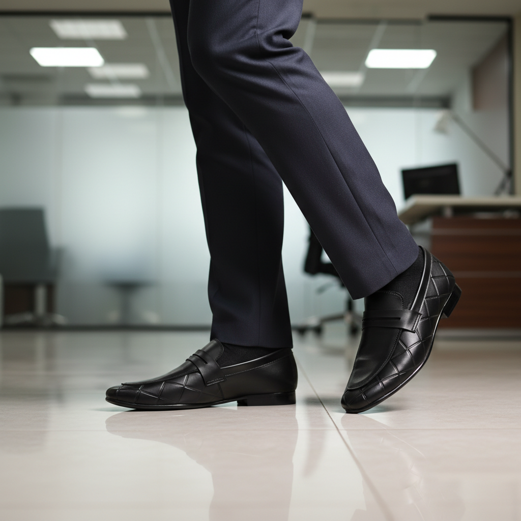 Sleek Black Formal Premium Handmade Loafers ~ clean silhouette, Elegant Strap Detail, Subtle Geometric Pattern