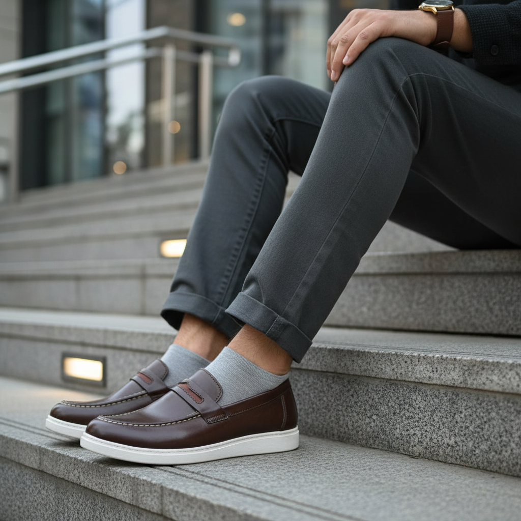 Premium Handcrafted Brown Hybrid Penny Loafer | Medicated Comfort Insole – Durable White Sneaker Sole