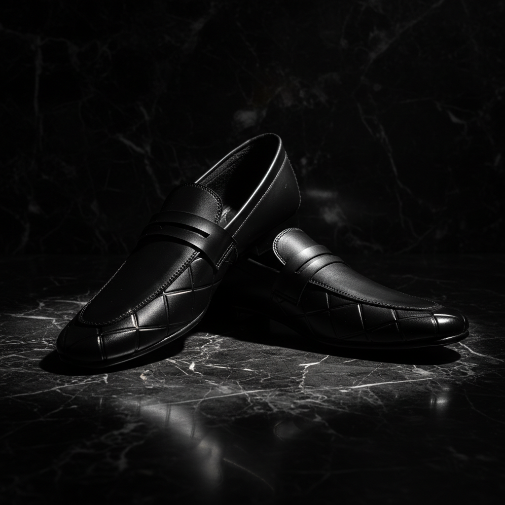 Sleek Black Formal Premium Handmade Loafers ~ clean silhouette, Elegant Strap Detail, Subtle Geometric Pattern