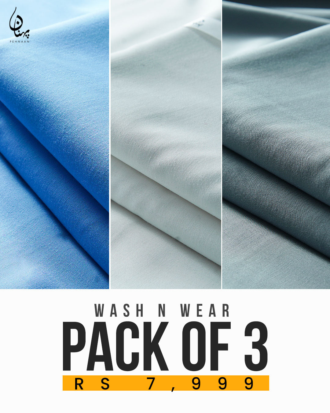 Pehnaan Premium Wash n Wear – Pack of 3 Suits (Sky Blue, White & Pearl Grey)